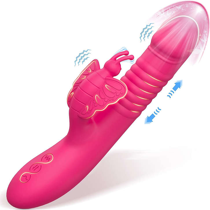 Adorable Butterfly Shape Thrusting Vibrator , G Spot Vibrator with Ribbed Texture, Rabbit Vibrator with Flexible Antennae, Independent Control, Adult Sex Toys for Women, Rose AV183